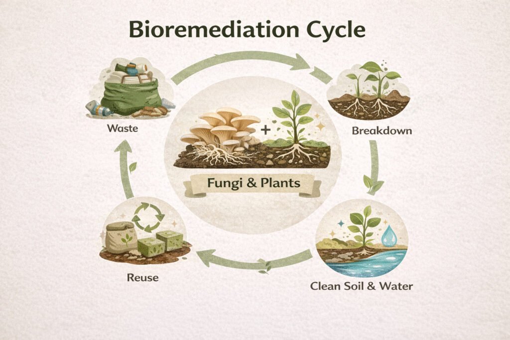 Bioremediation cycle showing waste breakdown using fungi and plants to produce clean soil, water, and reusable resources