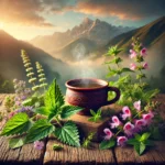 A steaming cup of herbal tea on a rustic wooden table, surrounded by fresh Himalayan herbs like nettle, rhododendron flowers, and mint leaves, with misty Himalayan mountains in the background.