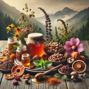 A vibrant display of Himalayan superfoods, including organic honey, dried herbs, wild mushrooms, apricots, walnuts, and spices, set against a backdrop of misty Himalayan mountains.