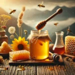 A jar of golden Himalayan honey with a wooden honey dipper drizzling honey, surrounded by honeycomb pieces, wildflowers, and bee pollen, with misty Himalayan mountains in the background.