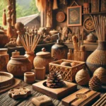 A collection of eco-friendly Himalayan handicrafts, including handcrafted bamboo baskets, wooden home décor, pine cone crafts, and natural resin incense, displayed on a rustic wooden table.