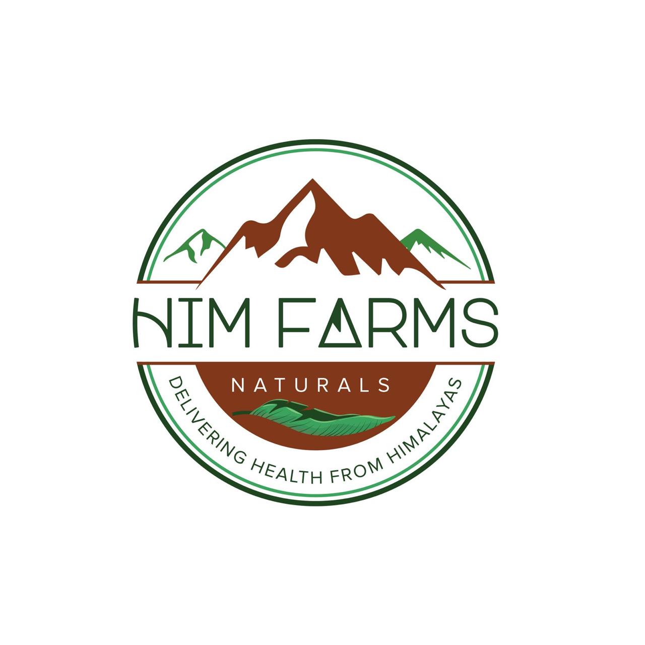 Himfarms Logo Text Format Hills in the background with Valley view and tag line Deliverying Health from Himalayas