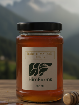 HimFarms Rare Himalayan Wild Honey in a glass jar with rustic copper lid and premium label design