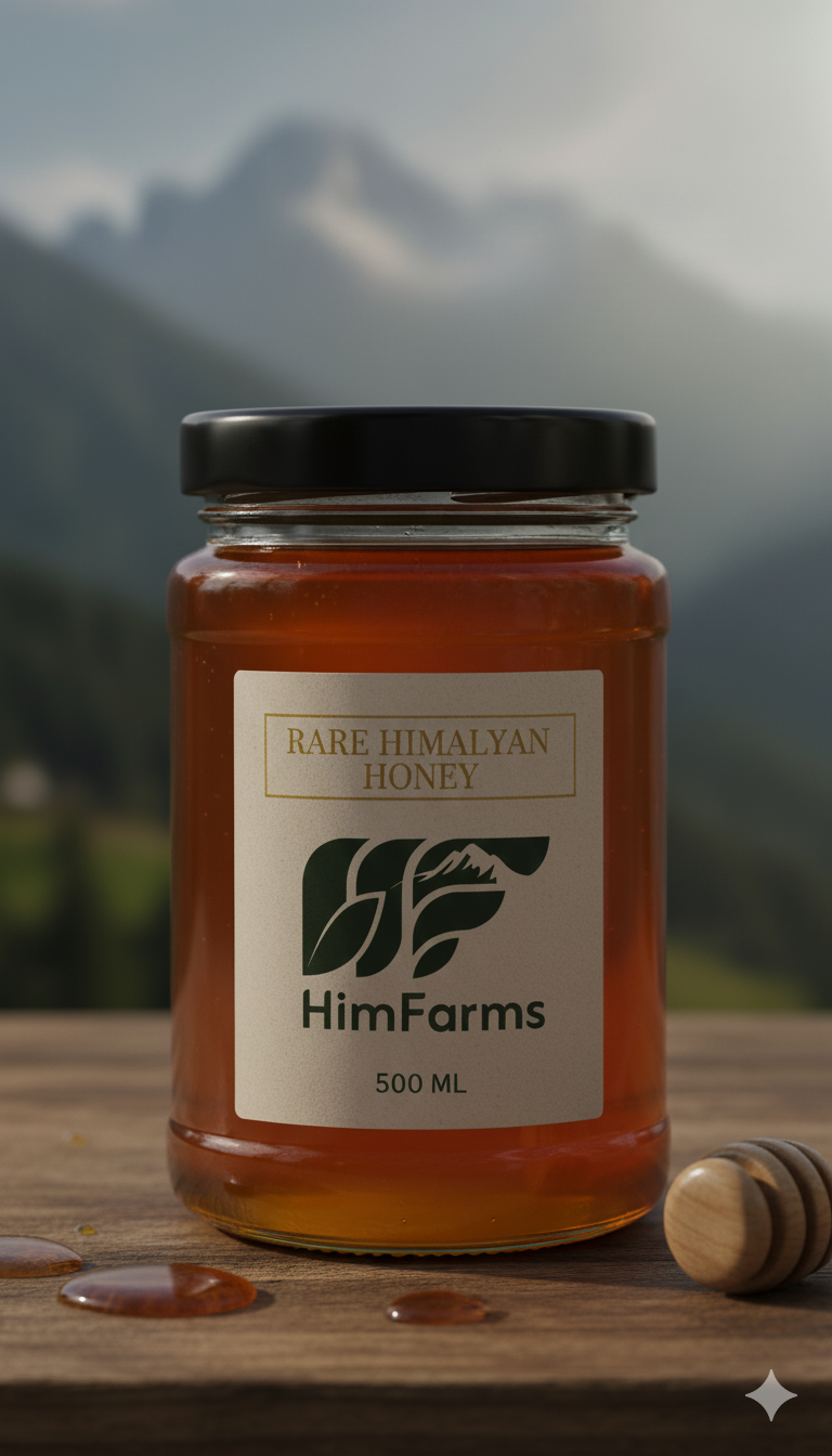 HimFarms Rare Himalayan Wild Honey in a glass jar with rustic copper lid and premium label design