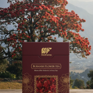HimFarms Buransh Flower Tea front packaging mockup, premium stand-up pouch, Buransh tree and mountains in the background, elegant serif font, matte finish