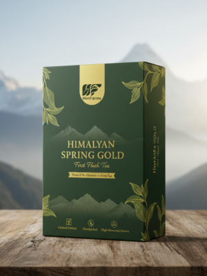 HimFarms Premium Himalayan First Flush Tea packaging mockup, golden-hued loose leaf tea in a clear pouch, modern minimalist design with a Himalayan mountain illustration, elegant typography