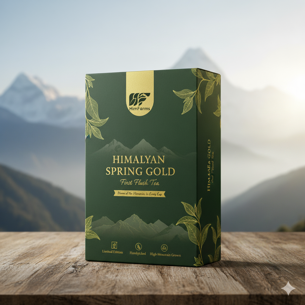 HimFarms Premium Himalayan First Flush Tea packaging mockup, golden-hued loose leaf tea in a clear pouch, modern minimalist design with a Himalayan mountain illustration, elegant typography