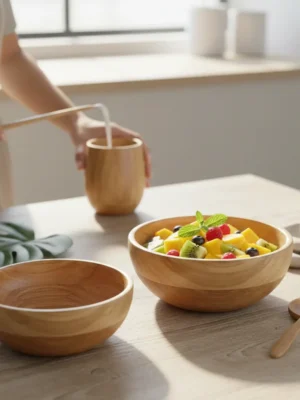 Alt Text: Handmade bamboo serving bowl filled with colorful tropical fruit salad (mango, kiwi, berries) on a rustic wooden countertop, next to an empty matching bowl. A person is serving from a matching bamboo cup in the background.