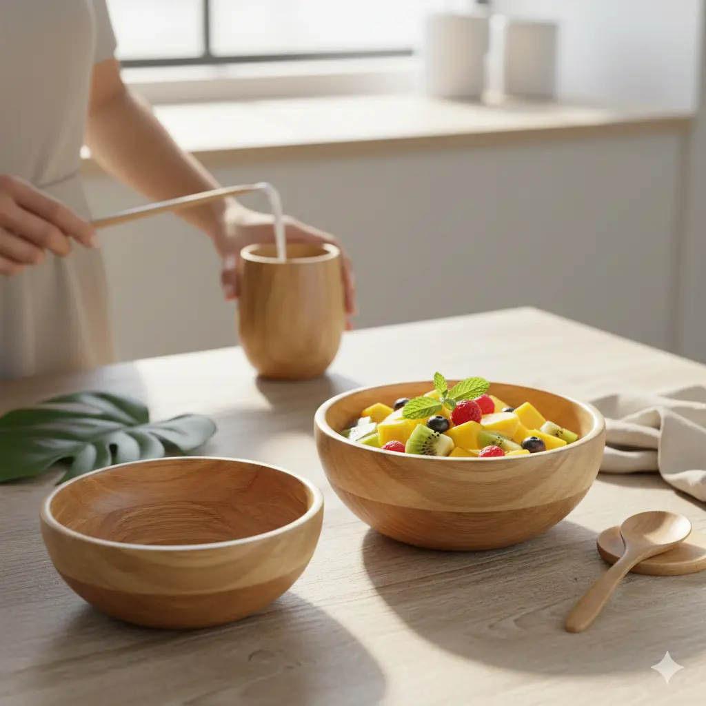 Alt Text: Handmade bamboo serving bowl filled with colorful tropical fruit salad (mango, kiwi, berries) on a rustic wooden countertop, next to an empty matching bowl. A person is serving from a matching bamboo cup in the background.