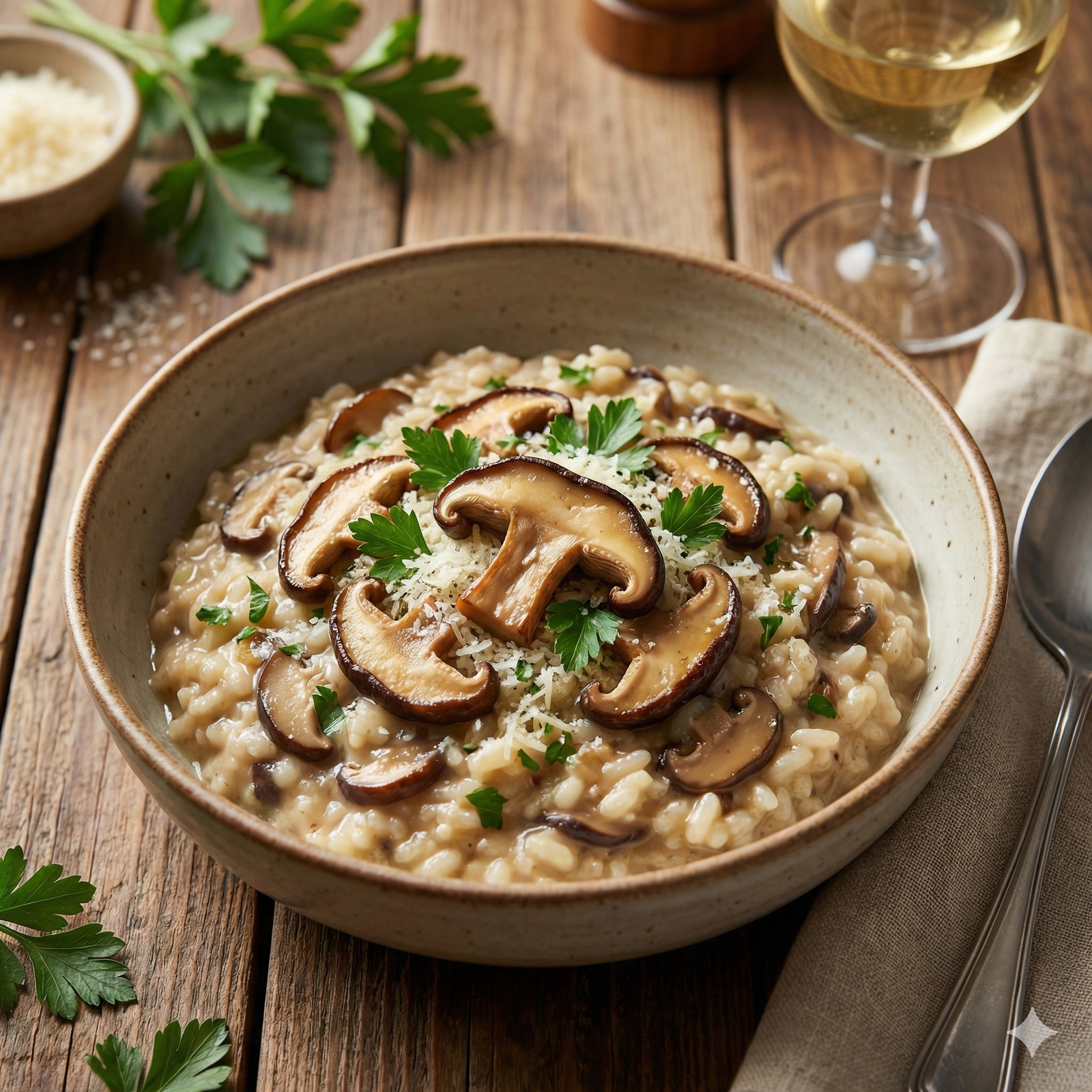 A close-up, appetizing shot of a creamy mushroom risotto served in a stoneware bowl. The dish is generously topped with thick, sautéed slices of rehydrated Himfarms Shiitake mushrooms and garnished with fresh parsley. A glass of white wine and rustic ingredients sit in the soft-focus background.