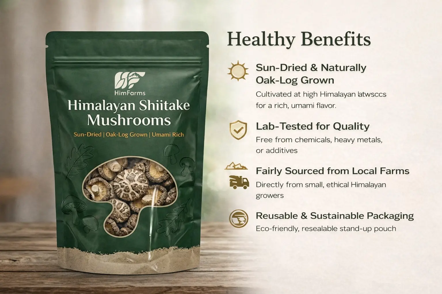 A product graphic highlighting four key benefits of Himfarms Shiitake Mushrooms next to the package: 1. Sun icon for "Sun-Dried & Naturally Oak-Log Grown"; 2. Shield icon for "Lab-Tested for Quality"; 3. Mountain/Truck icon for "Fairly Sourced from Local Farms"; and 4. Recycle icon for "Reusable & Sustainable Packaging."