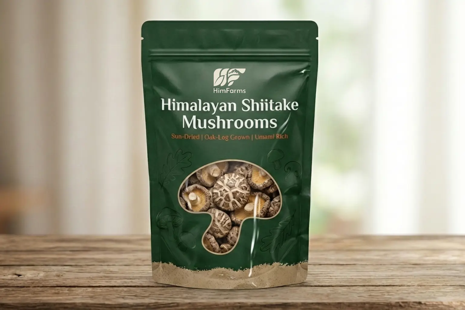 A premium dark green stand-up pouch of Himfarms Himalayan Shiitake Mushrooms sitting on a rustic wooden table. The packaging features a unique mushroom-shaped transparent window revealing the high-quality, sun-dried mushroom caps inside. Text on the bag reads "Sun-Dried | Oak-Log Grown | Umami Rich."