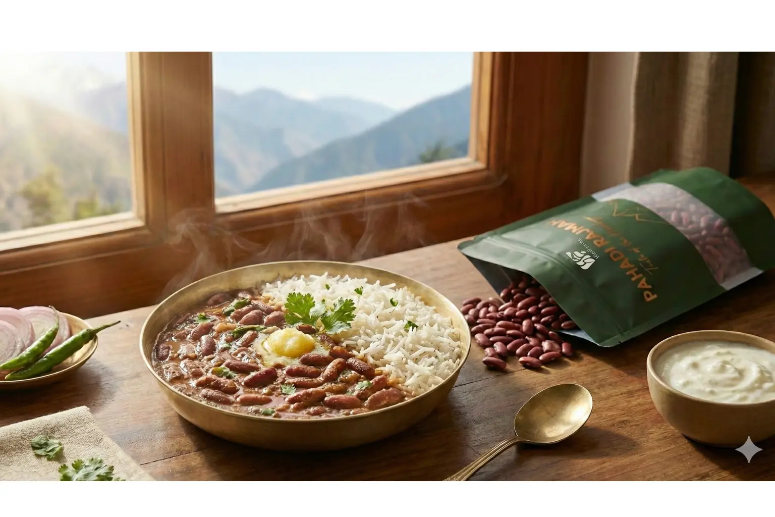 A steaming brass plate of rajma (red kidney bean) curry and white rice topped with ghee and cilantro, served on a wooden table by a window with a view of sunlit mountains. Side dishes of sliced onions, green chilies, and a small bowl of curd are present, along with a "Pahadi Rajmah" pouch from which beans are spilling out.