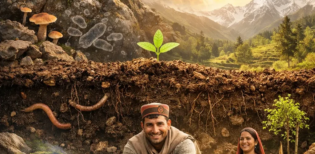 Composite illustration showing soil formation in the Himalayas — rocks with moss and fungi, microscopic soil life, earthworms underground, and Himalayan farmers practicing regenerative farming in terraced mountain fields.