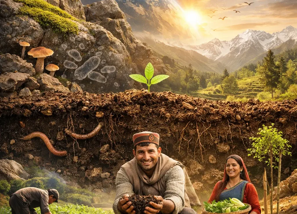 Composite illustration showing soil formation in the Himalayas — rocks with moss and fungi, microscopic soil life, earthworms underground, and Himalayan farmers practicing regenerative farming in terraced mountain fields.
