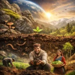Composite illustration showing soil formation in the Himalayas — rocks with moss and fungi, microscopic soil life, earthworms underground, and Himalayan farmers practicing regenerative farming in terraced mountain fields.
