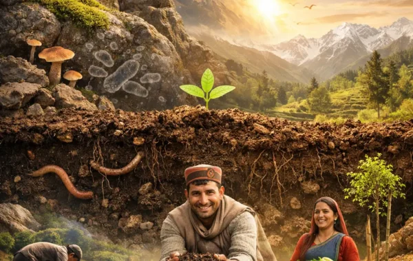 Composite illustration showing soil formation in the Himalayas — rocks with moss and fungi, microscopic soil life, earthworms underground, and Himalayan farmers practicing regenerative farming in terraced mountain fields.