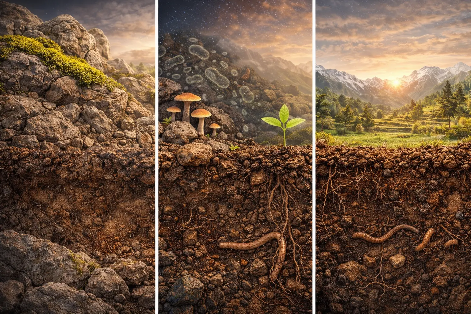 Triptych illustration showing the transformation of bare rock into fertile soil — moss growing on rocks, fungi and microorganisms breaking down stone, and rich dark soil with plant roots and earthworms beneath a Himalayan landscape.