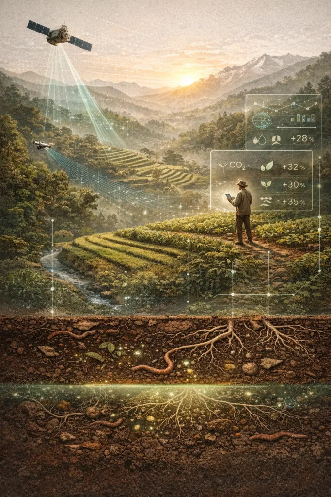 Illustration of regenerative Himalayan farming with satellite monitoring, terraced fields, farmer using tablet, and soil cross-section showing roots, earthworms, and soil carbon layers.