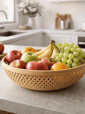 Handwoven bamboo basket filled with fresh fruits placed on a modern kitchen countertop with soft natural lighting and minimalist interior background.