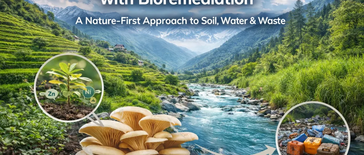 Bioremediation in the Himalayas using fungi and plants to restore polluted soil, clean river water, and manage waste sustainably