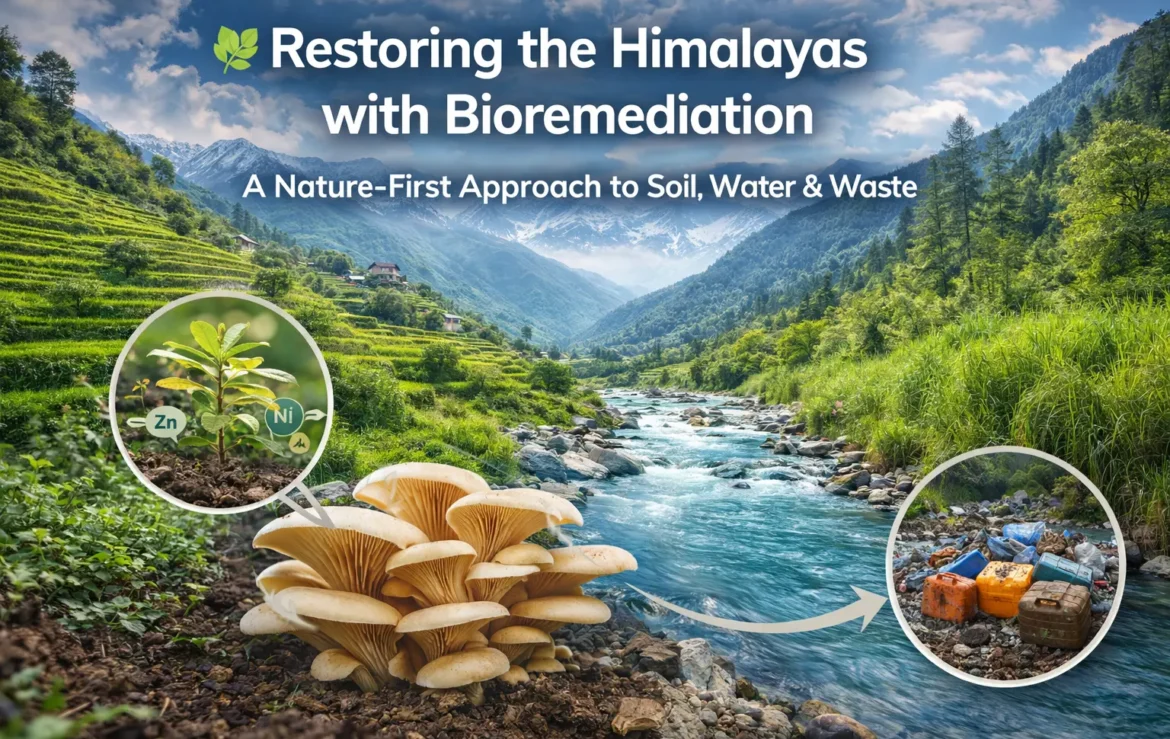 Bioremediation in the Himalayas using fungi and plants to restore polluted soil, clean river water, and manage waste sustainably